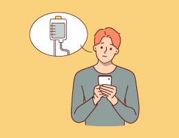 An illustration of a man holding his smartphone with a thought bubble showing an infusion bag.